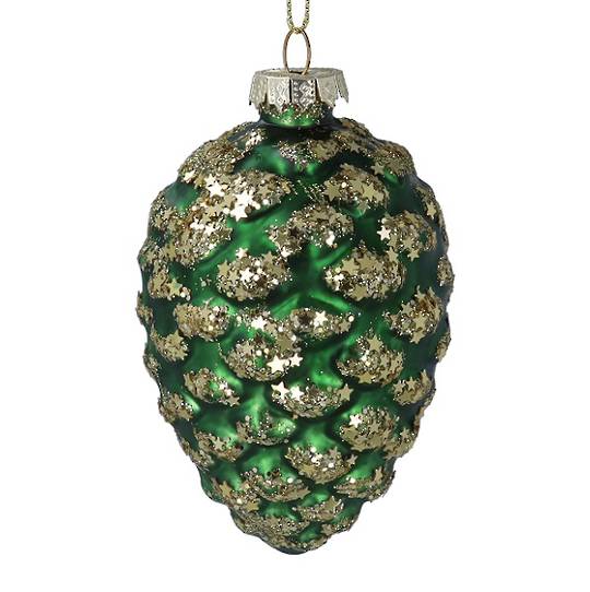INDENT - Pack 12, Glass Cone Green, Gold Glitter 10cm